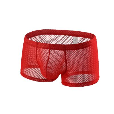 Ctreela Sexy Lingerie for Men Mesh See-Through Boxer Brief Fishnet Underwear Booty Shorts Solid Dual Pouch Underpants Red