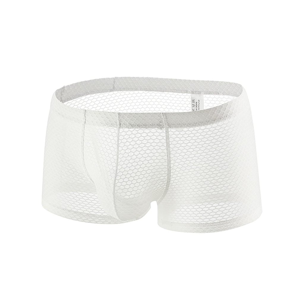 Ctreela Sexy Lingerie for Men Mesh See-Through Boxer Brief Fishnet Underwear Booty Shorts Solid Dual Pouch Underpants White