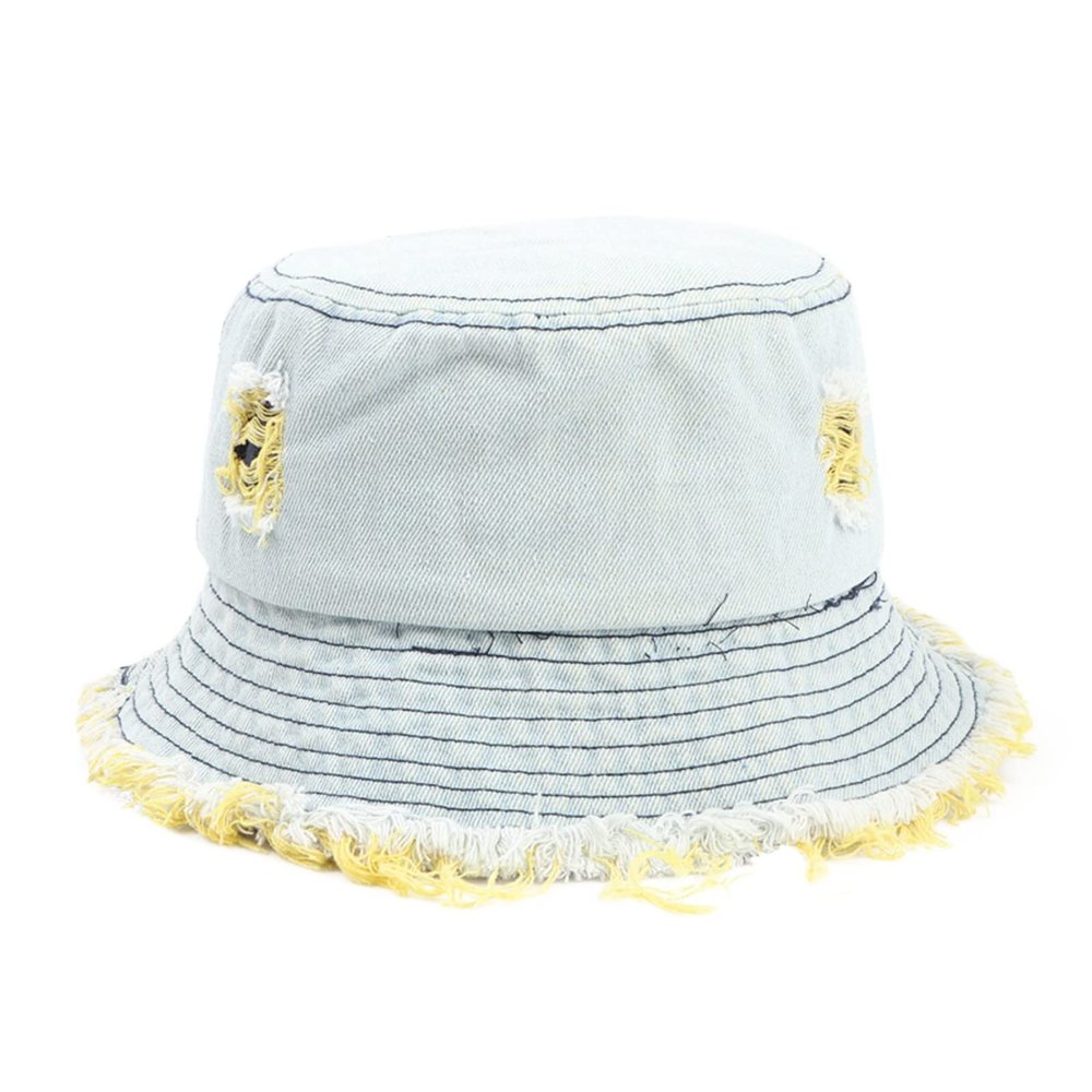 Baby Girl Bucket Hats 12-18 Months Aldult Bucket Hats Jean Washed Denim Hole Teens Women Frayed (Yellow, One Size)
