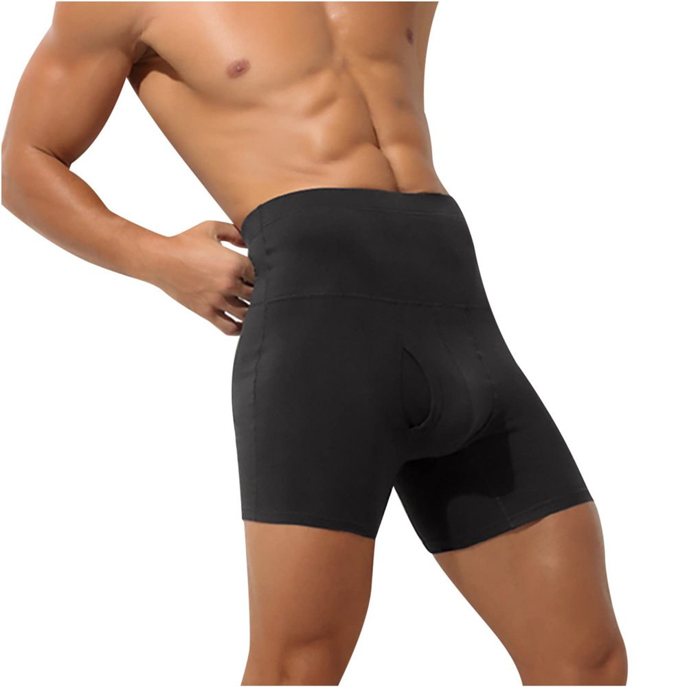 Ctreela High Waisted Underwear for Men's Plus Size Shapewear Anti-Chafing Long Leg Boxer Briefs Tummy Control Shorts Black