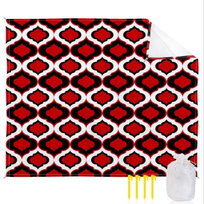 ALAGEO Beach Blanket Moroccan Pattern Sandproof Waterproof Beach Mat Black Red Sand Free Mat Quick Drying Beach Essentials for Vacation Lightweight with 4 Stakes & Corner Pockets 108"x84"