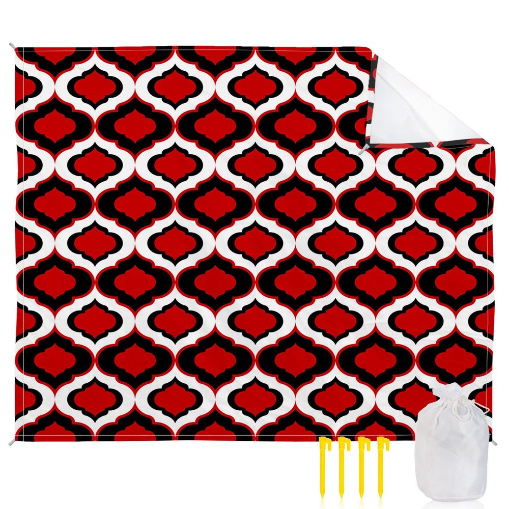 ALAGEO Beach Blanket Moroccan Pattern Sandproof Waterproof Beach Mat Black Red Sand Free Mat Quick Drying Beach Essentials for Vacation Lightweight with 4 Stakes & Corner Pockets 108"x84"