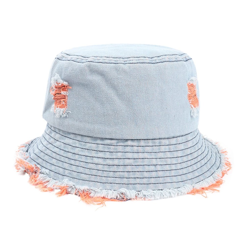 Baby Girl Bucket Hats 12-18 Months Aldult Bucket Hats Jean Washed Denim Hole Teens Women Frayed (Orange, One Size)