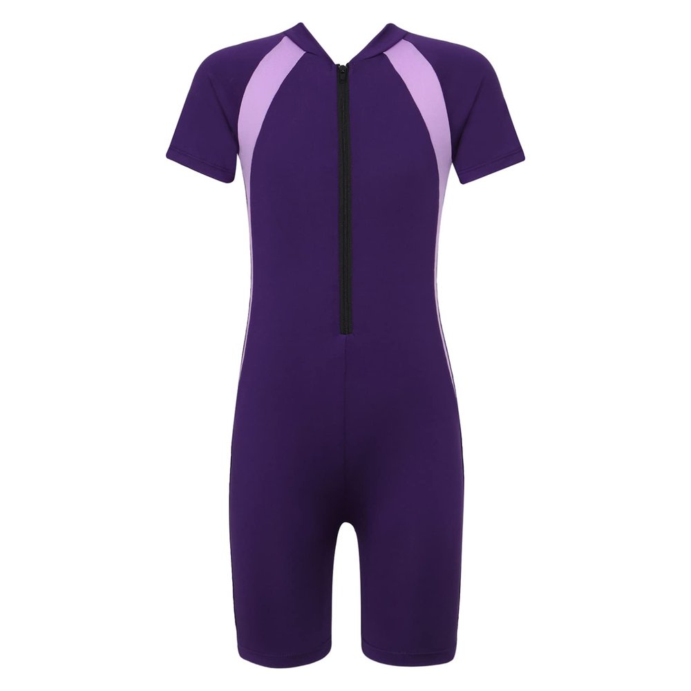 Moily Boys Girls Solid Zip Up UPF 50+ Shorty Wetsuit Athletic One Piece Swimsuit Surf Rashguard Shirts Purple 12 Years