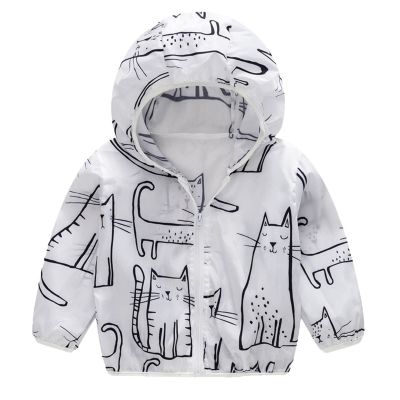 Coats Kids Toddler Boys Girls Sunscreen Jackets Printing Cartoon Hooded Outerwear Zipper Coats (White, 3 Years)