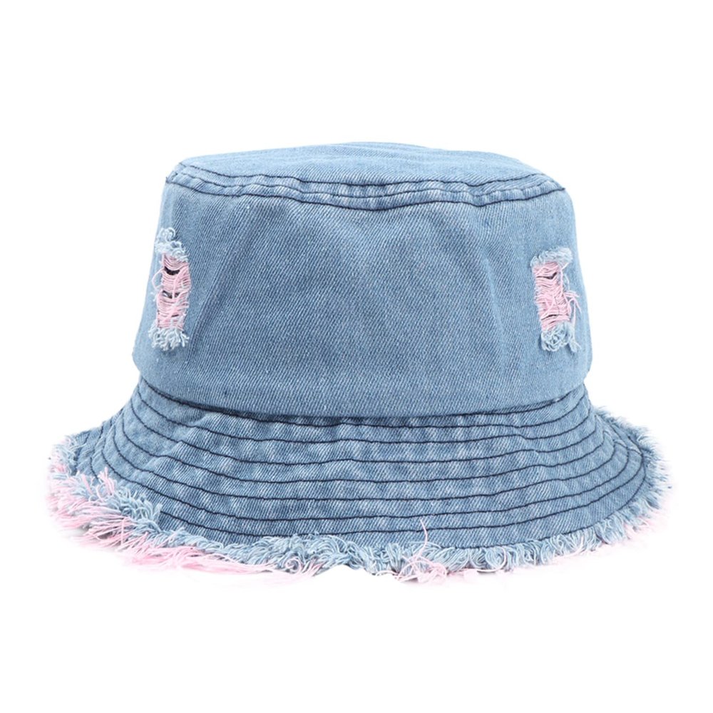 Baby Girl Bucket Hats 12-18 Months Aldult Bucket Hats Jean Washed Denim Hole Teens Women Frayed Ripped (Pink, One Size)