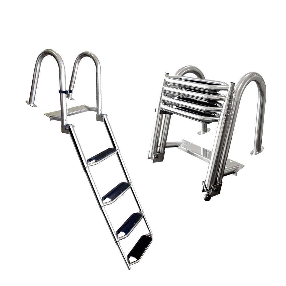 Mojiate Stainless Steel 4 Steps Telescoping Boat Ladder, Reinforce Dock Ladder, Heavy Duty Swimming Ladder with Wider Pedals and Hand Railings, Rated to 500 Pounds