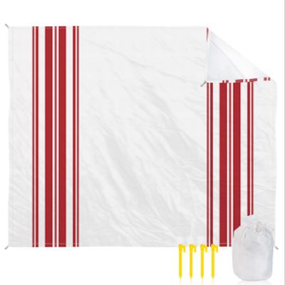 ALAGEO Beach Blanket Red Ticking Vertically Stripe Sandproof Waterproof Beach Mat Simple Style White Sand Free Mat Quick Drying Beach Essentials Lightweight with 4 Stakes & Corner Pockets 95"x80"