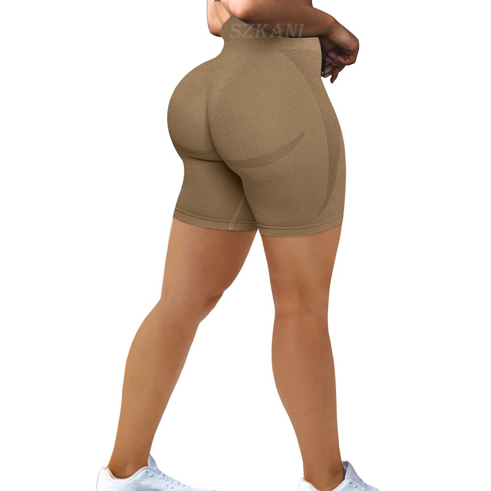 SZKANI Seamless Biker Shorts for Women: High Waist Yoga Shorts with Tummy Control & Smile Contour (Brown, Small)