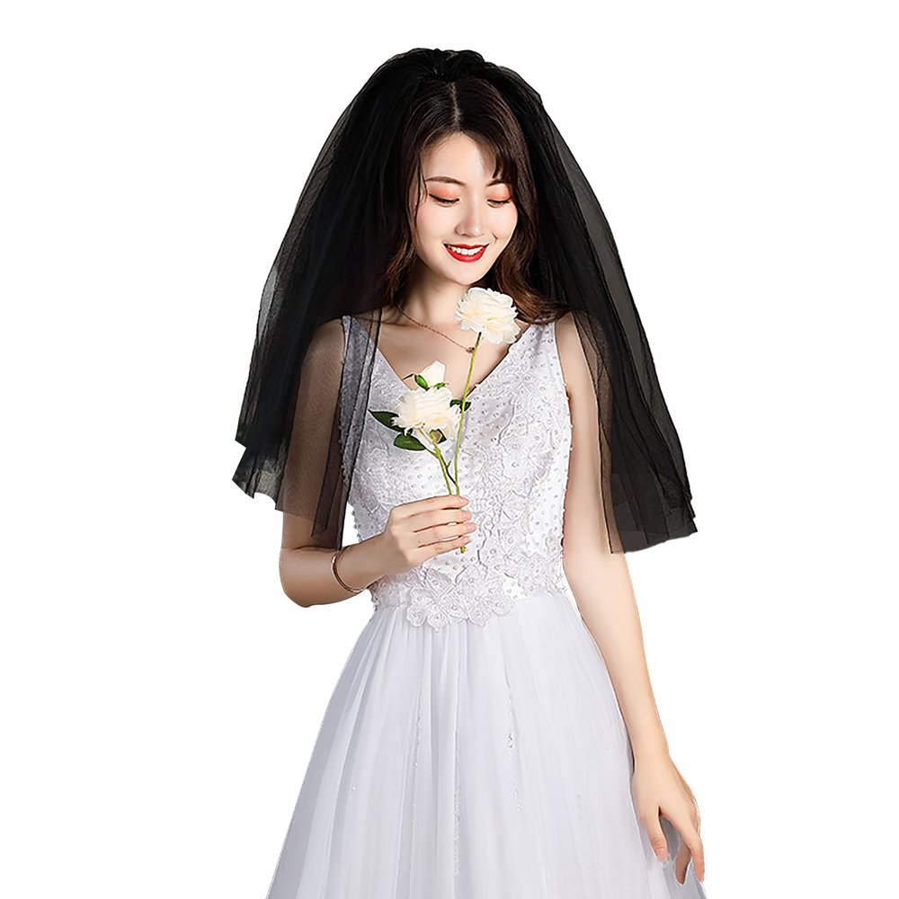 Halloween Costume Witch Cosplay Party Veil Soft Tulle Lace Bridal Veils Cathedral Wedding Veil Headband Dress Up Props (Black 2 Layer/Elbow Length/With Comb)