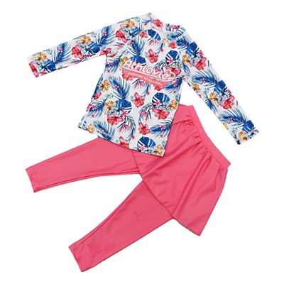 Daenrui Kids Girls 2 Piece Swimsuit Floral Print Rash Guard Shirts with Long Pants Sunsuit UV Protection Swimwear Pink 7-9 Years