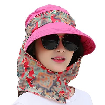 2 in 1 Foldable Sun Hat with Neck Flap Beach Fishing Hat Large Brim UV Protection Hat Gardening Walking Hat for Women Girls Hot Pink