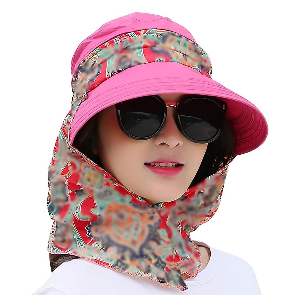 2 in 1 Foldable Sun Hat with Neck Flap Beach Fishing Hat Large Brim UV Protection Hat Gardening Walking Hat for Women Girls Hot Pink