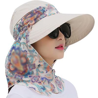2 in 1 Foldable Sun Hat with Neck Flap Beach Fishing Hat Large Brim UV Protection Hat Gardening Walking Hat for Women Girls Beige