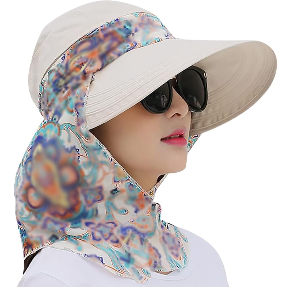 2 in 1 Foldable Sun Hat with Neck Flap Beach Fishing Hat Large Brim UV Protection Hat Gardening Walking Hat for Women Girls Beige