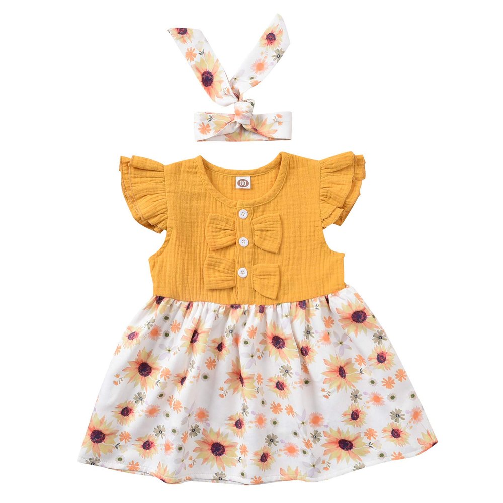Dresses for Girls Long Girls Infant Floral Outfits Bowknot Headbands Baby Dress Print Princess Girls Dress&Skirt (Yellow, 0-3 Months)