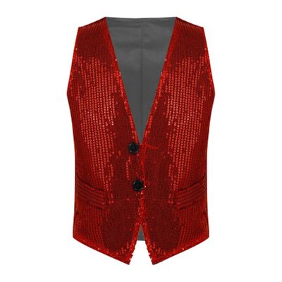 renvena Kids Boys Girls Glittering Sequins Performance Vest Sleeveless Jazz Hip Hop Street Dance Waistcoat Red 1-2 Years