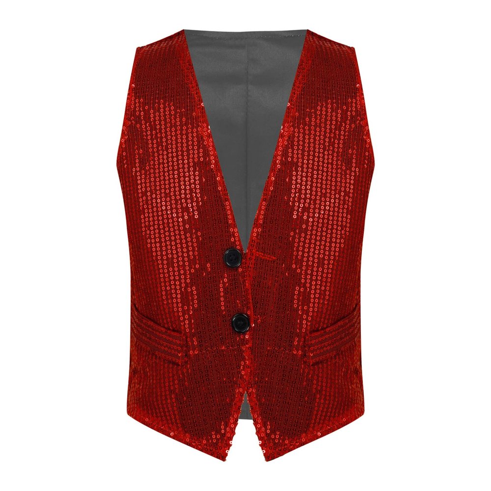 renvena Kids Boys Girls Glittering Sequins Performance Vest Sleeveless Jazz Hip Hop Street Dance Waistcoat Red 1-2 Years
