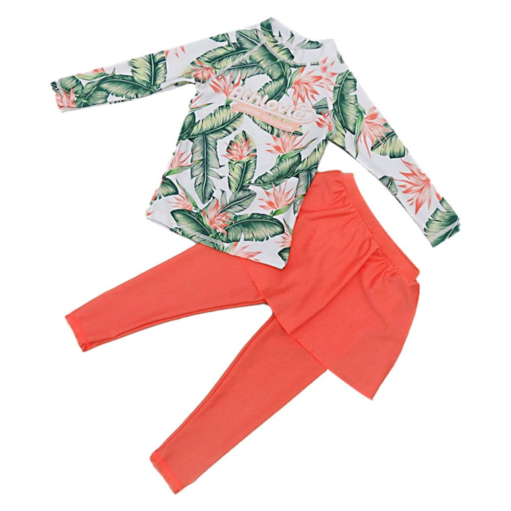 Daenrui Kids Girls 2 Piece Swimsuit Floral Print Rash Guard Shirts with Long Pants Sunsuit UV Protection Swimwear Orange 3-4 Years