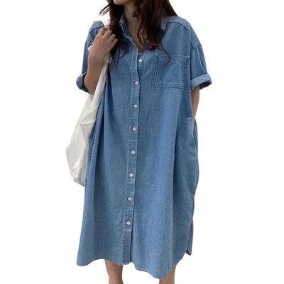 chouyatou Women's Short Sleeve Button Down Denim Maxi Dress Boyfriend Jean Cardigan Jacket (Small, Denim Blue)
