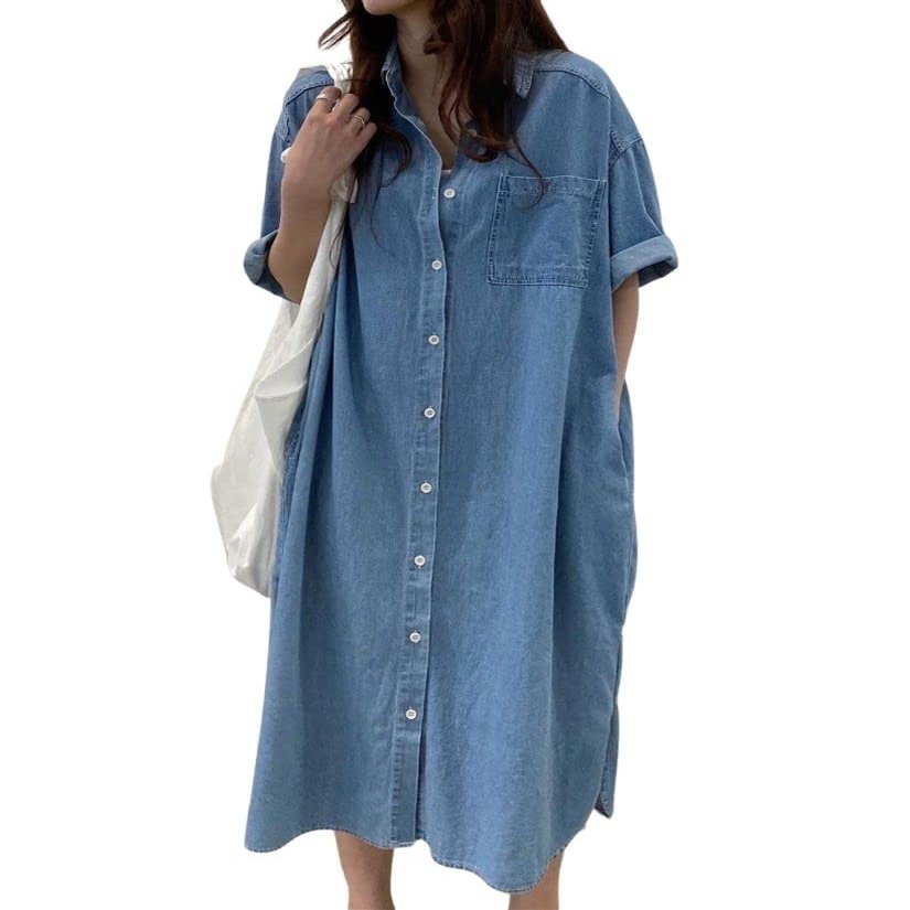 chouyatou Women's Short Sleeve Button Down Denim Maxi Dress Boyfriend Jean Cardigan Jacket (Small, Denim Blue)
