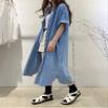 chouyatou Women's Short Sleeve Button Down Denim Maxi Dress Boyfriend Jean Cardigan Jacket (Small, Denim Blue) view 4