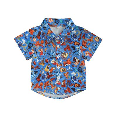 Toddler Baby Boy Button Down Shirt Short Sleeve T-Shirt Tops Western Cowboy Casual Tee Summer Clothes (A Bule,2-3T)