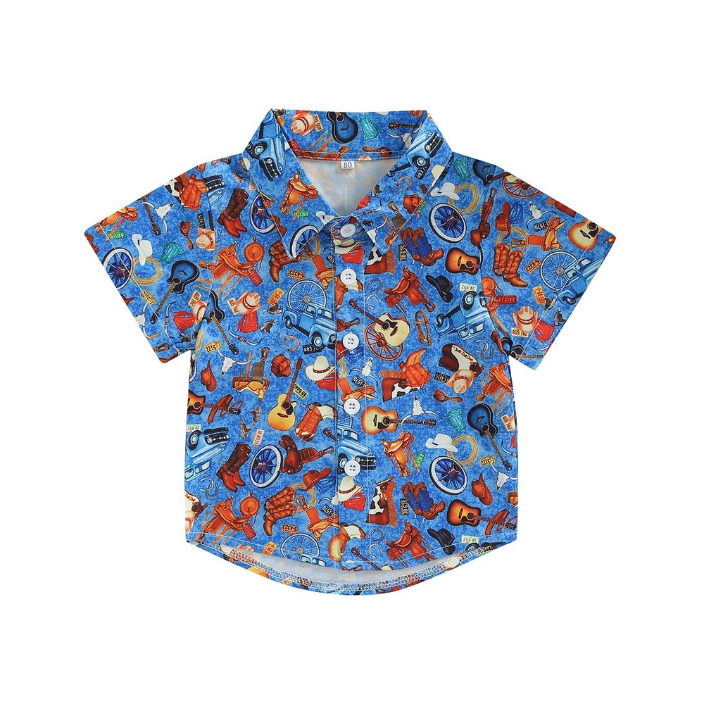 Toddler Baby Boy Button Down Shirt Short Sleeve T-Shirt Tops Western Cowboy Casual Tee Summer Clothes (A Bule,2-3T)