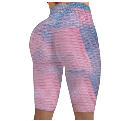 Women Yoga Leggings Wrinkled Running Fitness Stretch Tie-dye Biker Pants Shorts Scrunch Yoga Pants for (Purple, XL)
