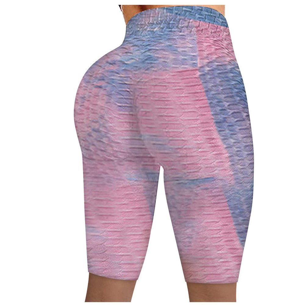 Women Yoga Leggings Wrinkled Running Fitness Stretch Tie-dye Biker Pants Shorts Scrunch Yoga Pants for (Purple, XL)