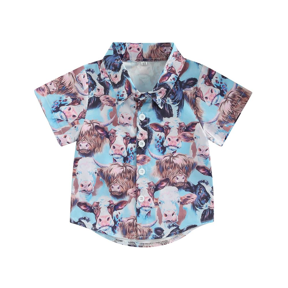 Toddler Baby Boy Button Down Shirt Short Sleeve T-Shirt Tops Western Cowboy Casual Tee Summer Clothes (B Bule,3-4T)