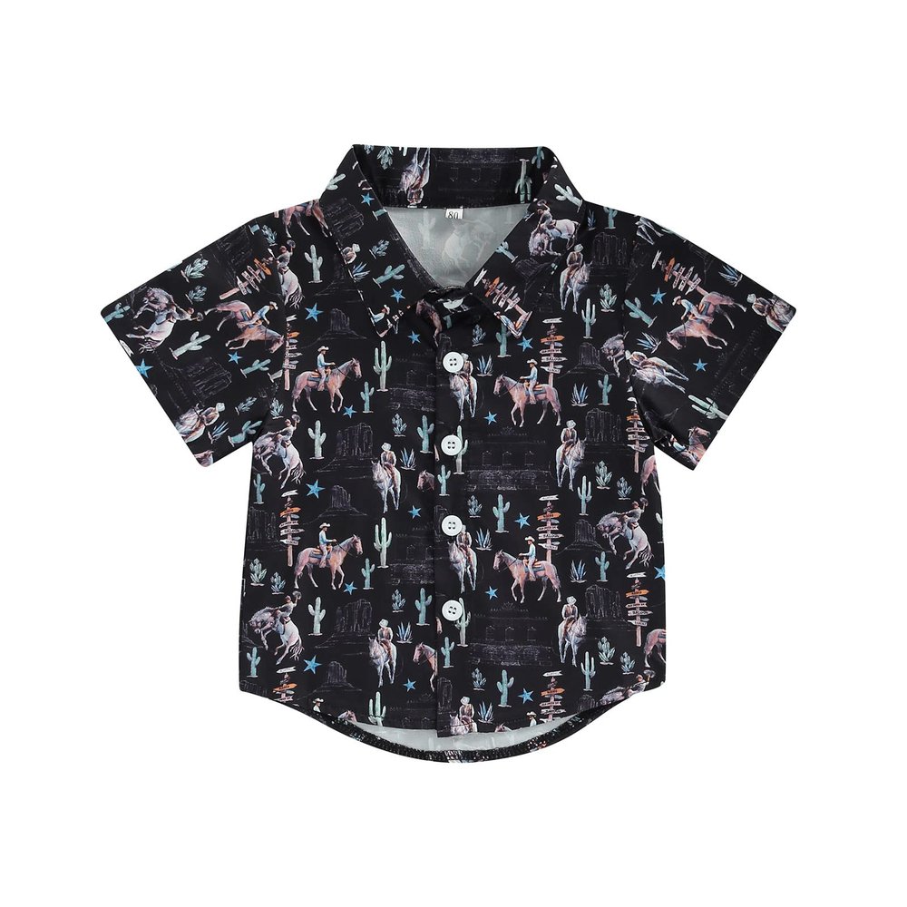 Toddler Baby Boy Button Down Shirt Short Sleeve T-Shirt Tops Western Cowboy Casual Tee Summer Clothes (A Black,4-5T)