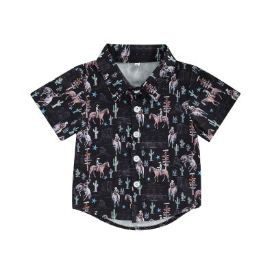 Toddler Baby Boy Button Down Shirt Short Sleeve T-Shirt Tops Western Cowboy Casual Tee Summer Clothes (A Black,2-3T)