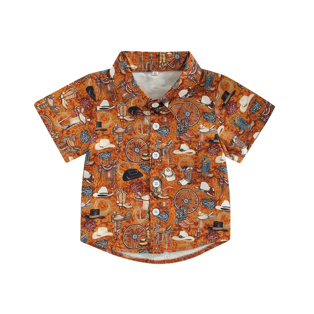 Toddler Baby Boy Button Down Shirt Short Sleeve T-Shirt Tops Western Cowboy Casual Tee Summer Clothes (A Yellow,1-2T)