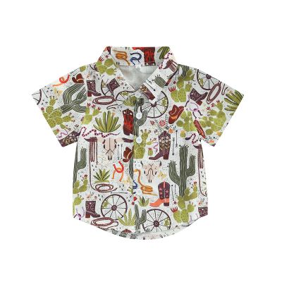 Toddler Baby Boy Button Down Shirt Short Sleeve T-Shirt Tops Western Cowboy Casual Tee Summer Clothes (A White,3-4T)