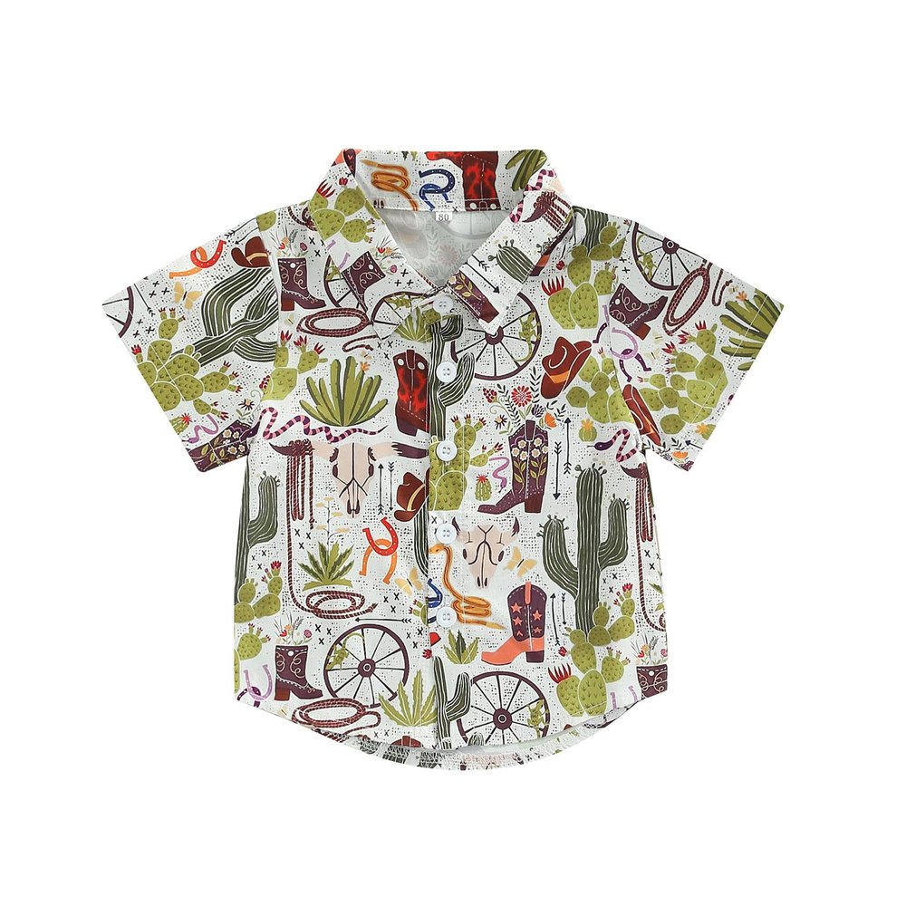 Toddler Baby Boy Button Down Shirt Short Sleeve T-Shirt Tops Western Cowboy Casual Tee Summer Clothes (A White,3-4T)