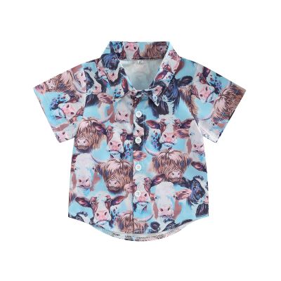 Toddler Baby Boy Button Down Shirt Short Sleeve T-Shirt Tops Western Cowboy Casual Tee Summer Clothes (B Bule,6-12 Months)