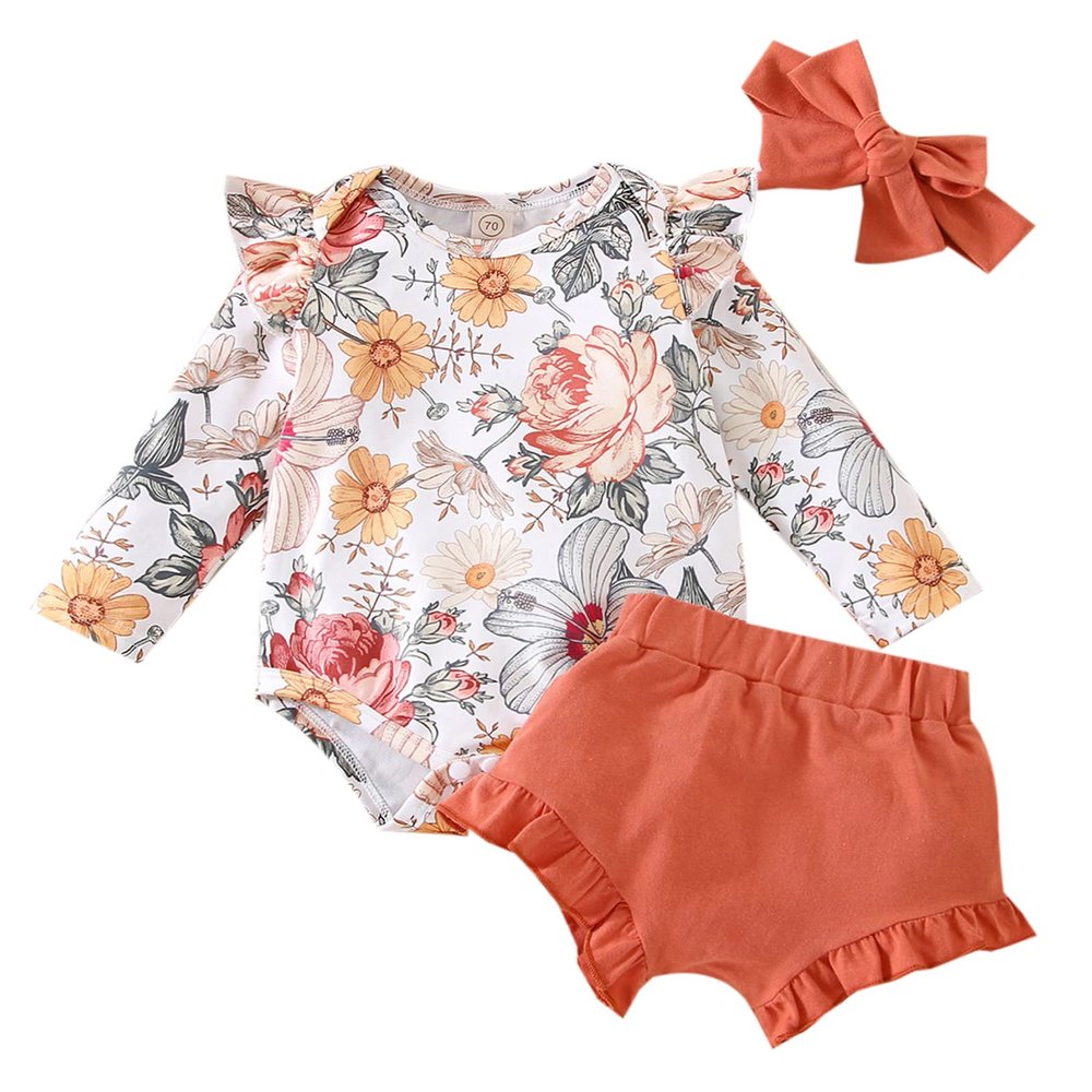 Newborn Toddler Baby Girl Long Sleeve Floral Bodysuit Romper Ruffle Shorts with Headband Casual Cute 3Pcs Outfit (Orange, 18-24 Months)