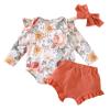 Newborn Toddler Baby Girl Long Sleeve Floral Bodysuit Romper Ruffle Shorts with Headband Casual Cute 3Pcs Outfit (Orange, 18-24 Months) view 1