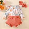 Newborn Toddler Baby Girl Long Sleeve Floral Bodysuit Romper Ruffle Shorts with Headband Casual Cute 3Pcs Outfit (Orange, 18-24 Months) view 3