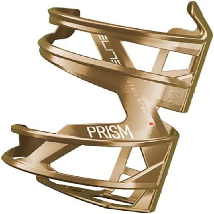 Elite Prism Left Bottle Cage  Carbon Gold Metal, White Graphic  Ultra-Lightweight, Secure, Durable