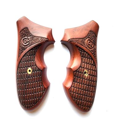 [BMPL] Hardwood Carving Checkered Gun Grips Compatible with Colt D Frame, Long Butt, Police Positive ,Laser Brown