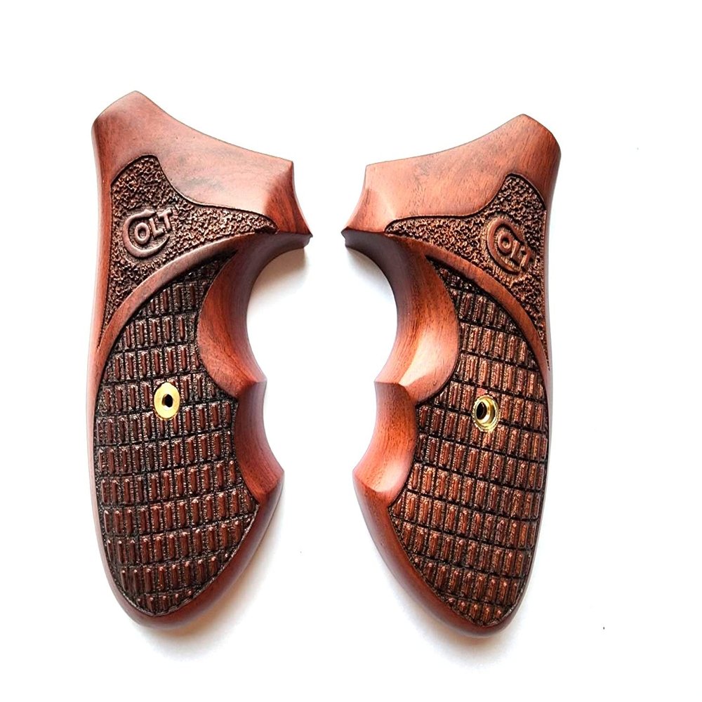 [BMPL] Hardwood Carving Checkered Gun Grips Compatible with Colt D Frame, Long Butt, Police Positive ,Laser Brown