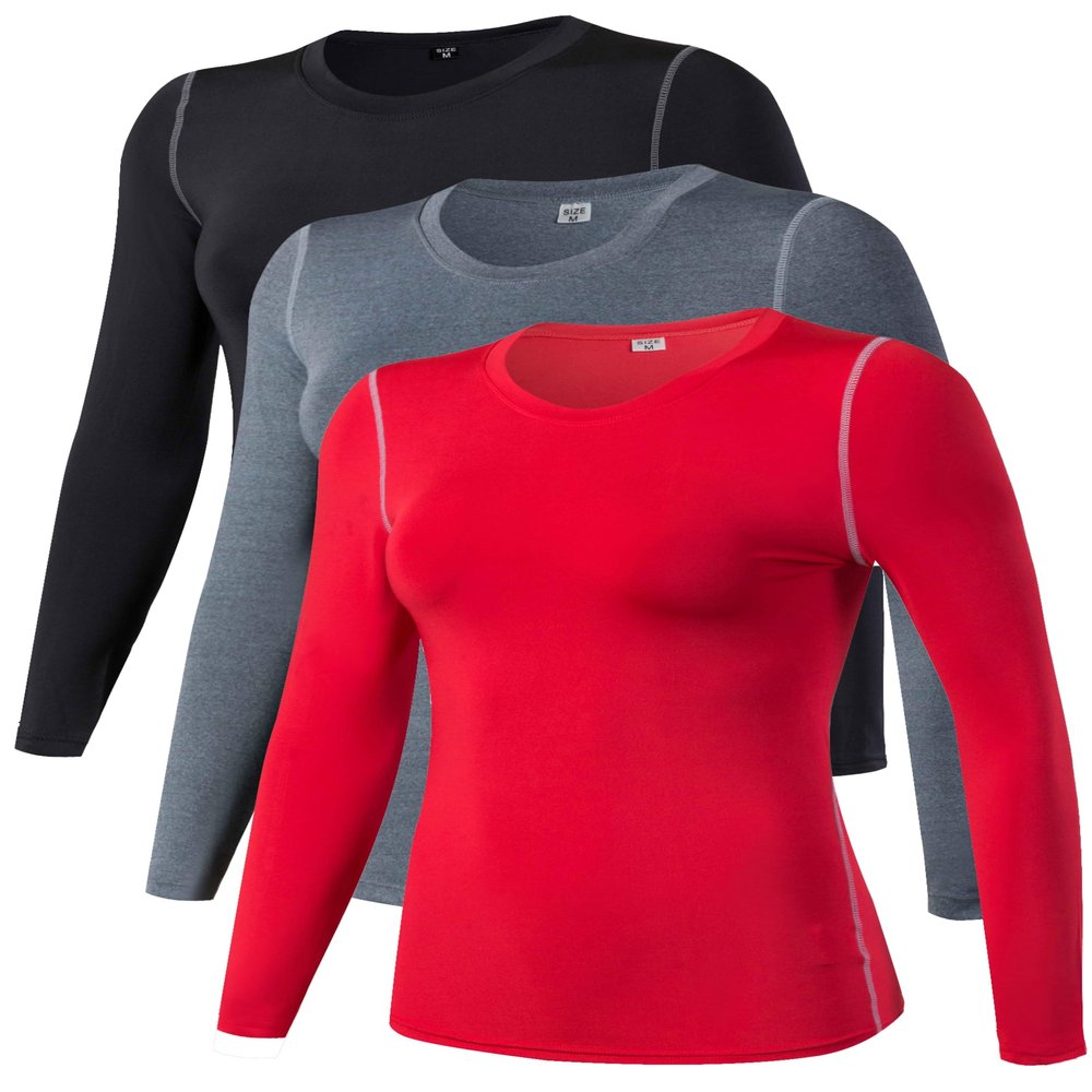 TAISIM Women's Dry Fit Compression Shirts Moisture Wicking Long Sleeve Base Layer for Workout, Running, Yoga,Cold Weather,Black,Grey,Red,XLarge