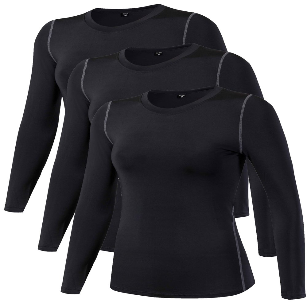 TAISIM Women's Dry Fit Compression Shirts Moisture Wicking Long Sleeve Base Layer for Workout, Running, Yoga,Cold Weather,Black,Black,Black,Large