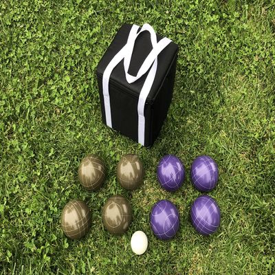 BuyBocceBalls Listing - Unique Bocce Set - 107mm with Olive Brown and Purple Balls, Black Bag