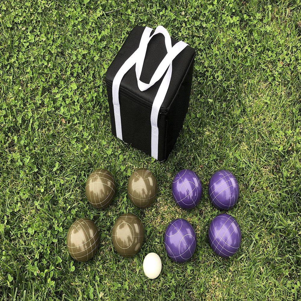 BuyBocceBalls Listing - Unique Bocce Set - 107mm with Olive Brown and Purple Balls, Black Bag