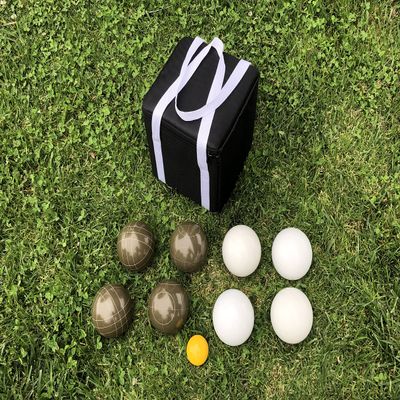 BuyBocceBalls Listing - Unique Bocce Set - 107mm with Olive Brown and White Balls, Black Bag