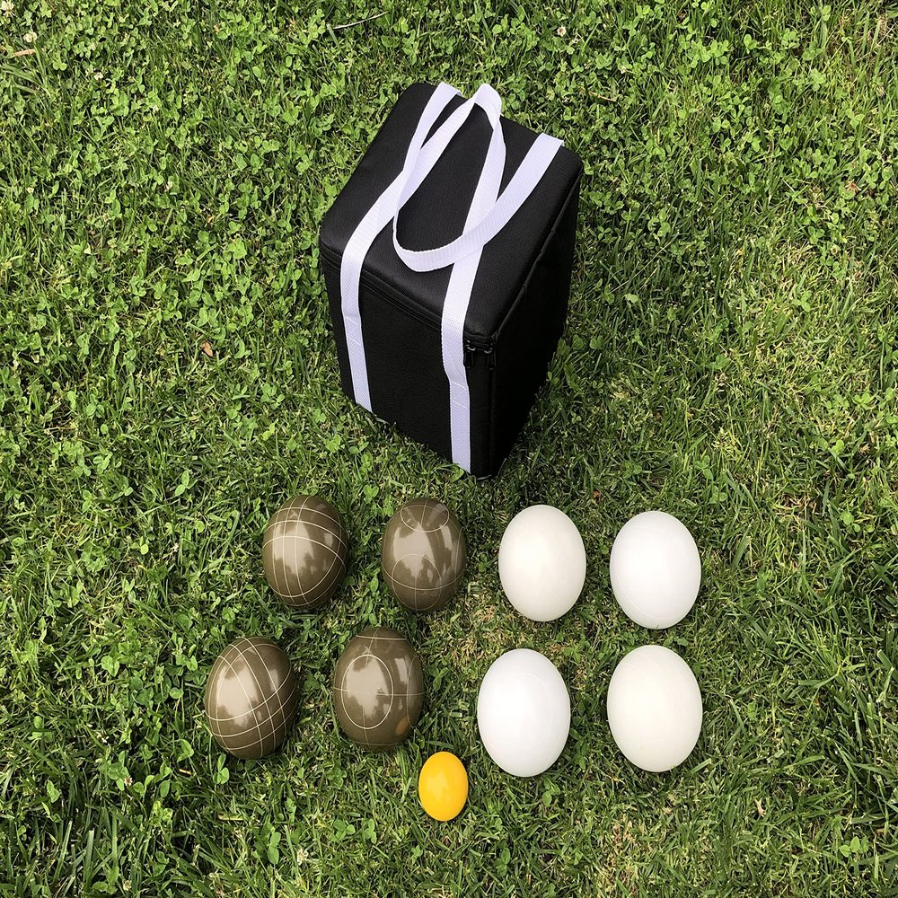 BuyBocceBalls Listing - Unique Bocce Set - 107mm with Olive Brown and White Balls, Black Bag