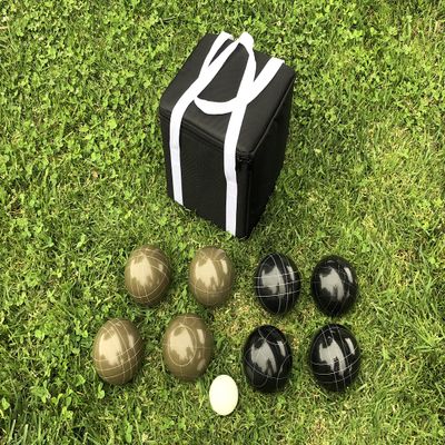 BuyBocceBalls Listing - Unique Bocce Set - 107mm with Olive Brown and Black Balls, Black Bag